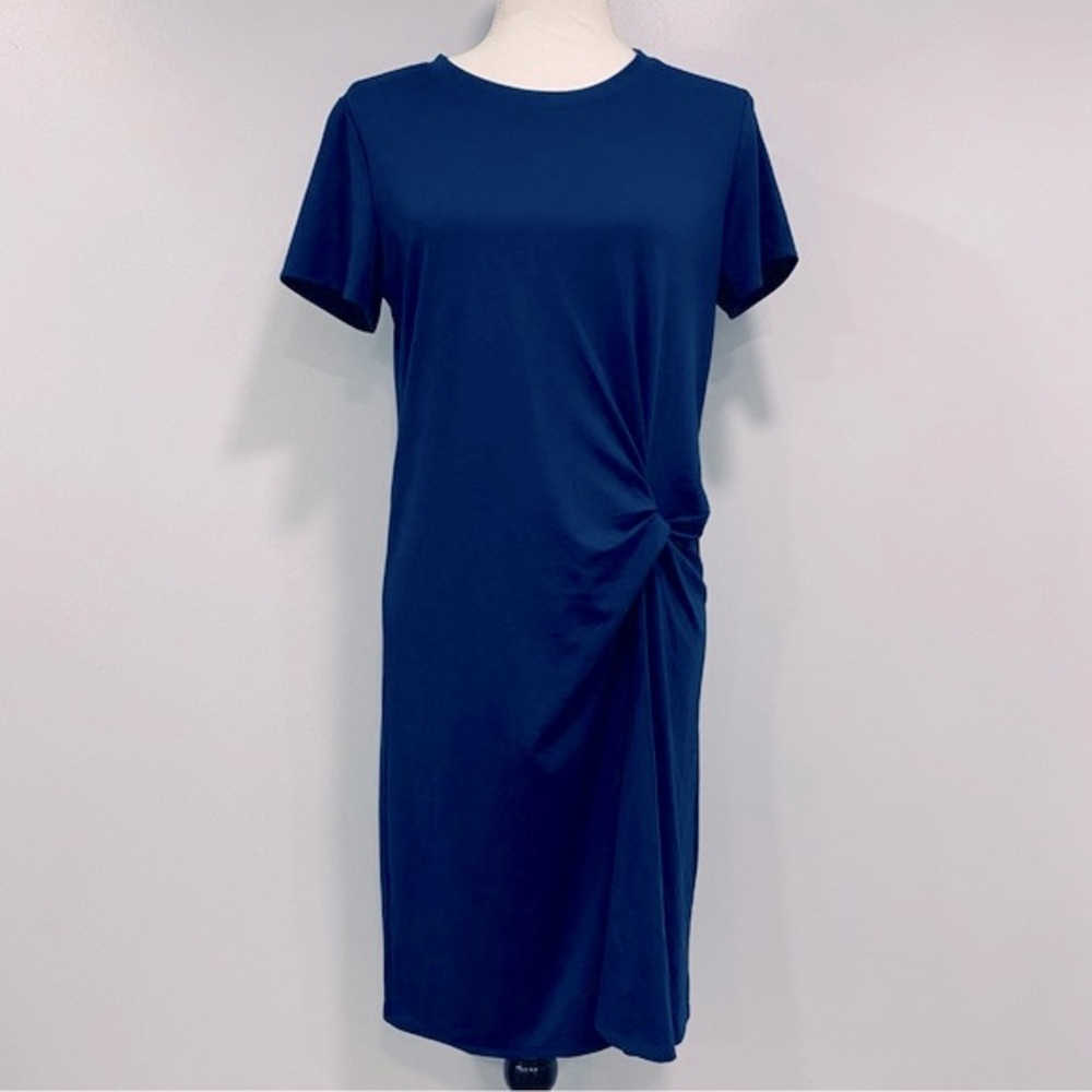 BANANA REPUBLIC S Blue Ponte Knit Twist Front Preppy Shift Shirt Midi Dress